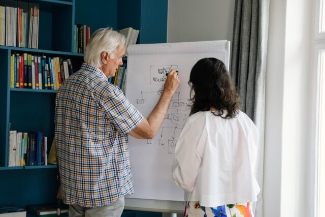 Ein Mann zeichnet an einem Flipchart, während eine Frau danebensteht und zusieht.